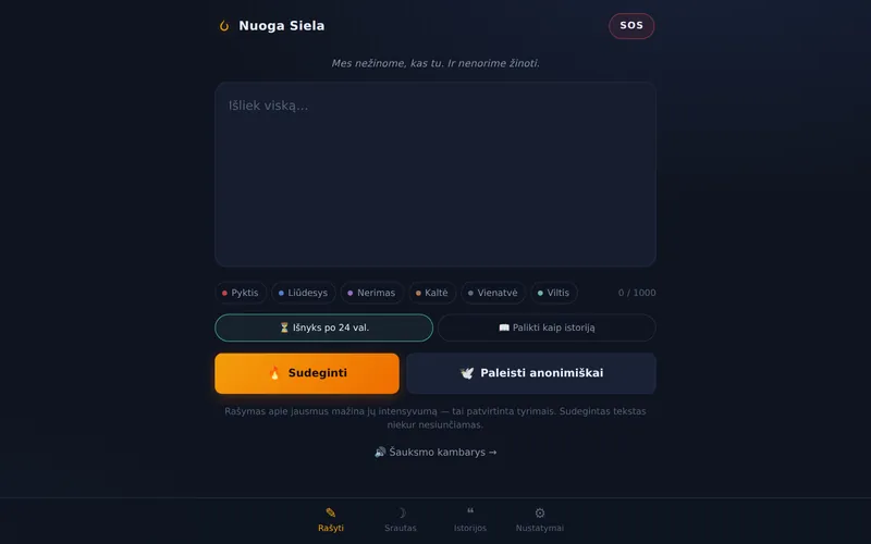 Screenshot of the Nuoga Siela anonymous writing app